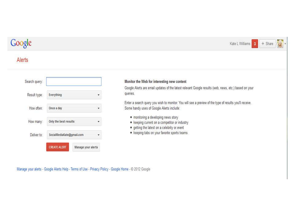 Google Alerts page for set up