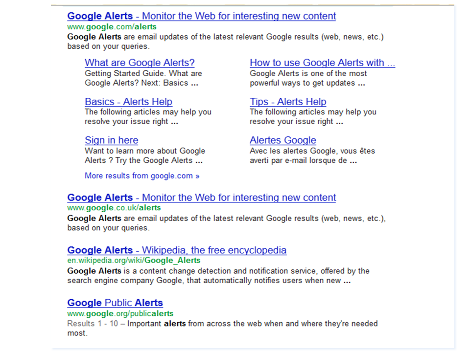 Results of Google search for Google Alerts